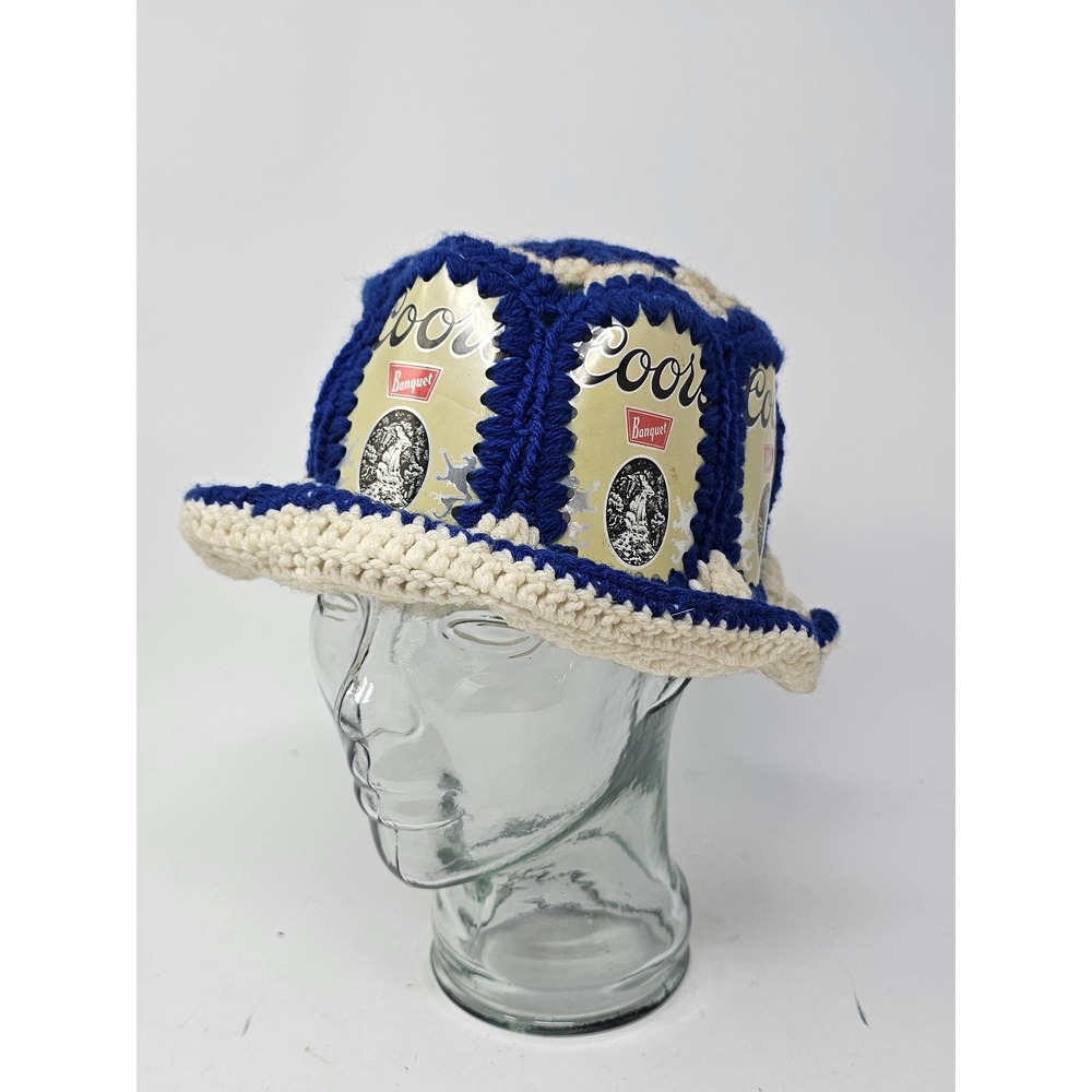 VTG Coors Hat Bucket Fitted Mens One Size Blue Crochet Beer Can Banquet Novelty
